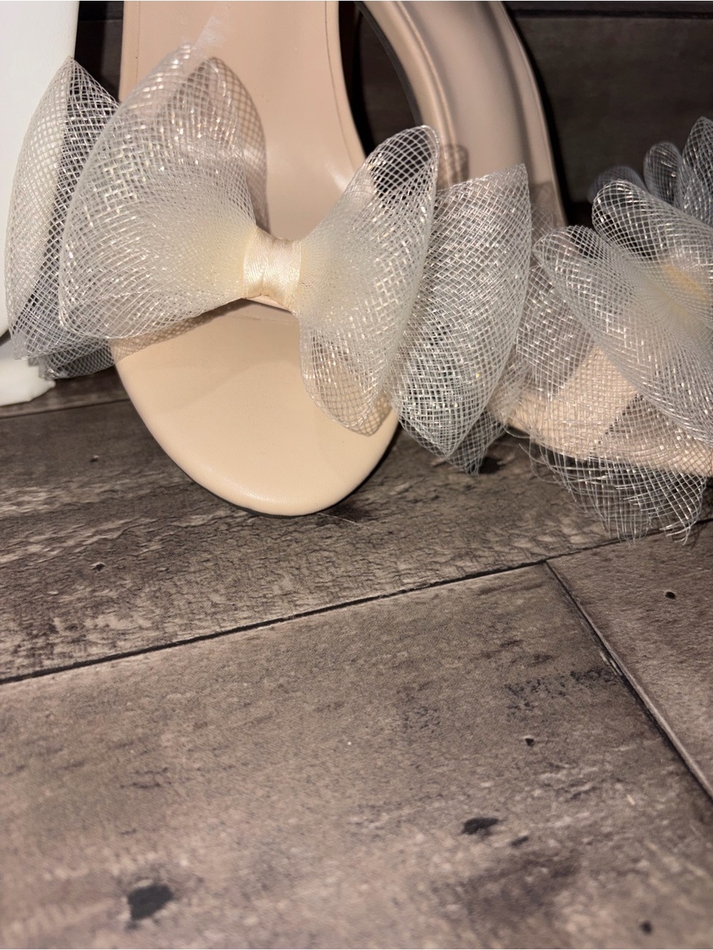 Tulle Mesh Bow Ankle Tie Stiletto Heels - Nude / Ivory - Size 37 (US 6.5) - Picture 4 of 11